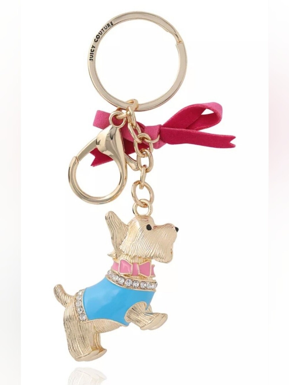 New Juicy Couture Gold Rhinestone Yorkie Dog Charm Keychain Pink Bow Blue Enamel